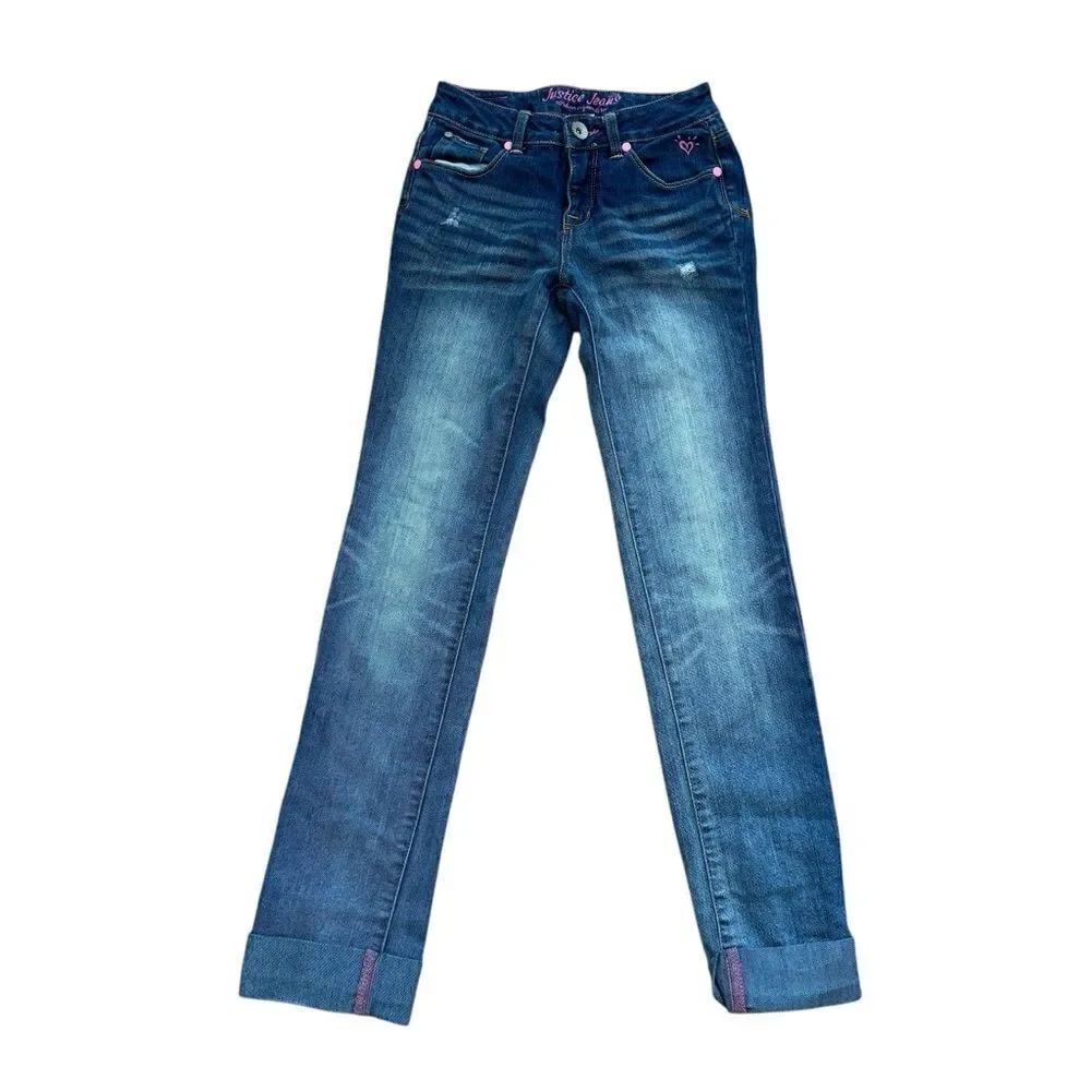 Y2K Justice Blue Denim Jeans Straight Rolled Up Cuff Faded Distressed 12S